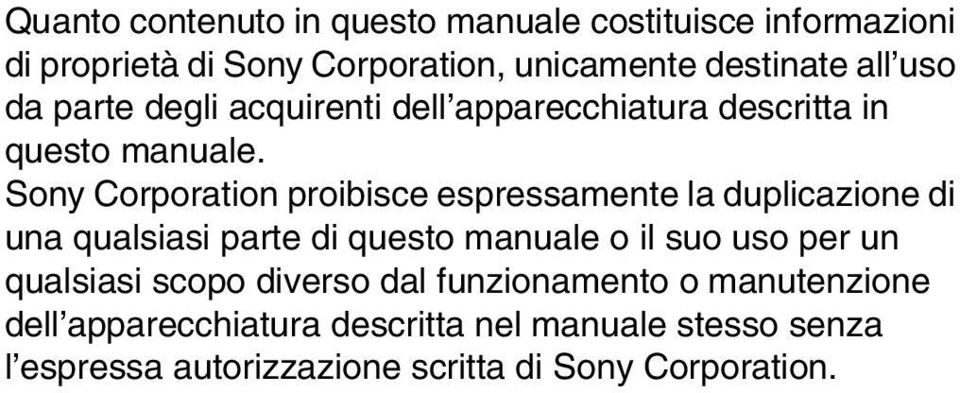 Sony Corporation proibisce espressamente la duplicazione di una qualsiasi parte di questo manuale o il suo uso per un