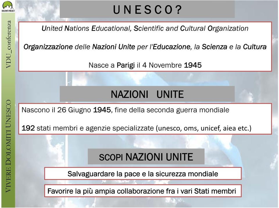 Nazioni Unite per l'educazione, la Scienza e la Cultura Nasce a Parigi il 4 Novembre 1945 NAZIONI UNITE Nascono il 26 Giugno