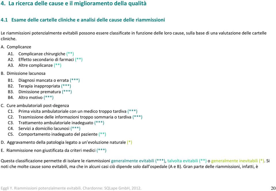 valutazione delle cartelle cliniche. A. Complicanze A1. Complicanze chirurgiche (**) A2. Effetto secondario di farmaci (**) A3. Altre complicanze (**) B. Dimissione lacunosa B1.