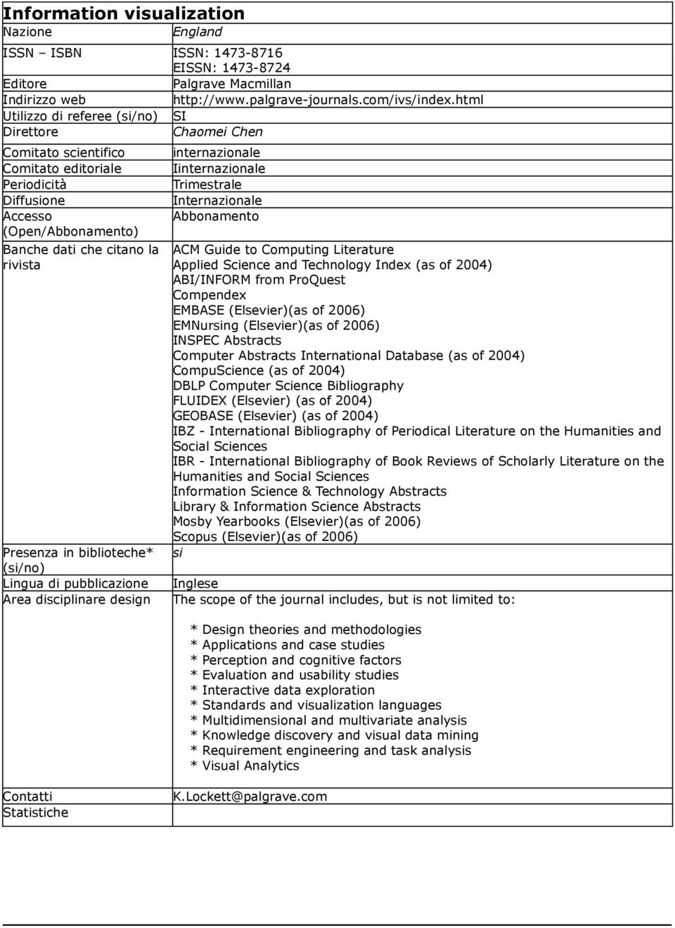 (Elsevier)(as of 2006) INSPEC Abstracts Computer Abstracts International Database (as of 2004) CompuScience (as of 2004) DBLP Computer Science Bibliography FLUIDEX (Elsevier) (as of 2004) GEOBASE