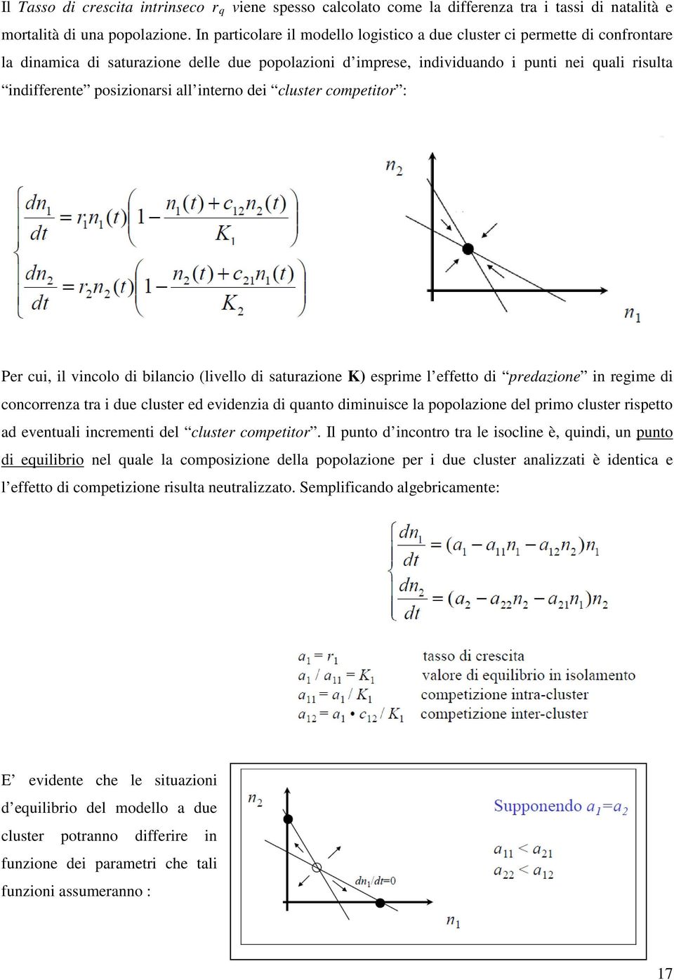 posizionarsi all interno dei cluster competitor : Per cui, il vincolo di bilancio (livello di saturazione K) esprime l effetto di predazione in regime di concorrenza tra i due cluster ed evidenzia di