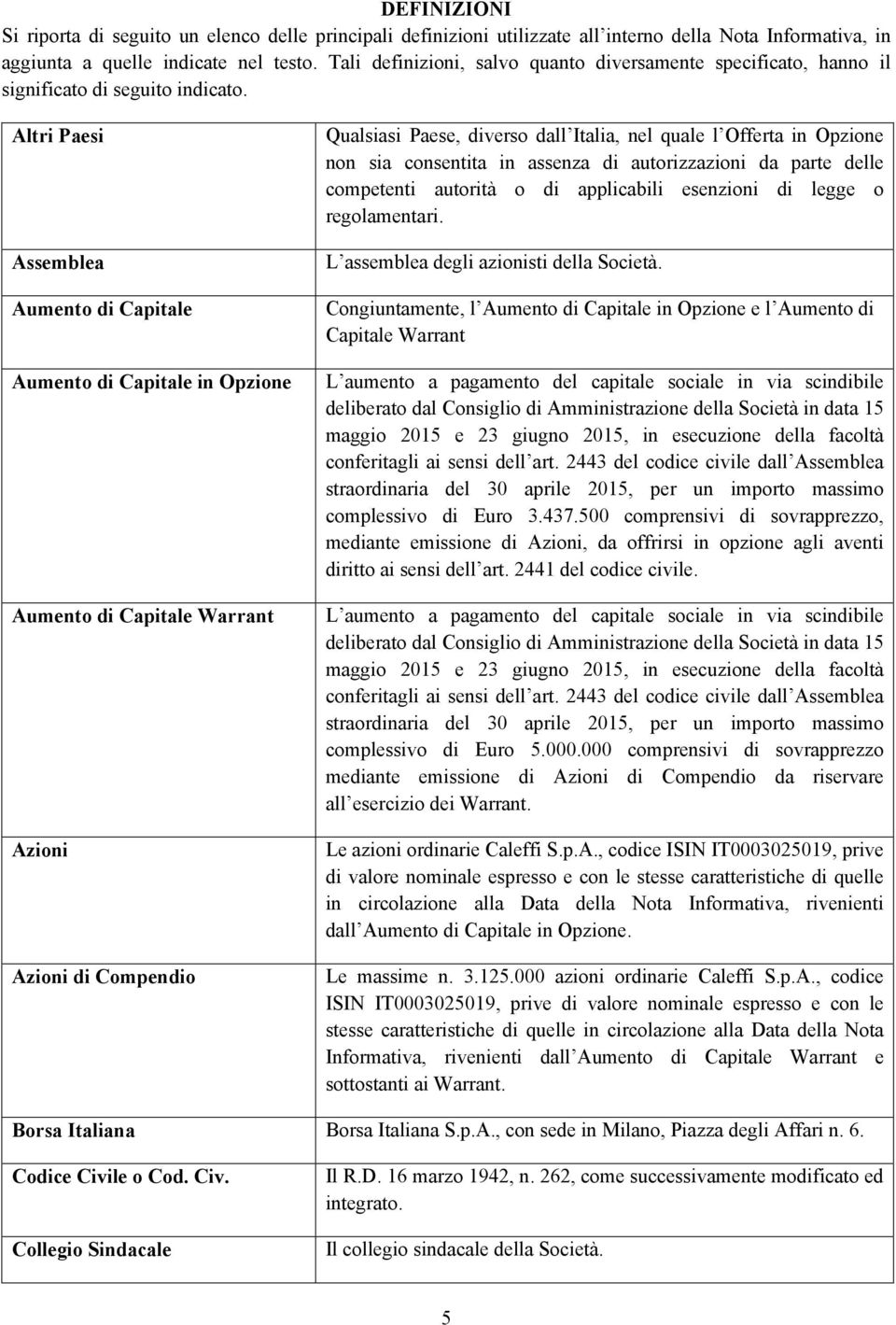 Altri Paesi Assemblea Aumento di Capitale Aumento di Capitale in Opzione Aumento di Capitale Warrant Azioni Azioni di Compendio Qualsiasi Paese, diverso dall Italia, nel quale l Offerta in Opzione