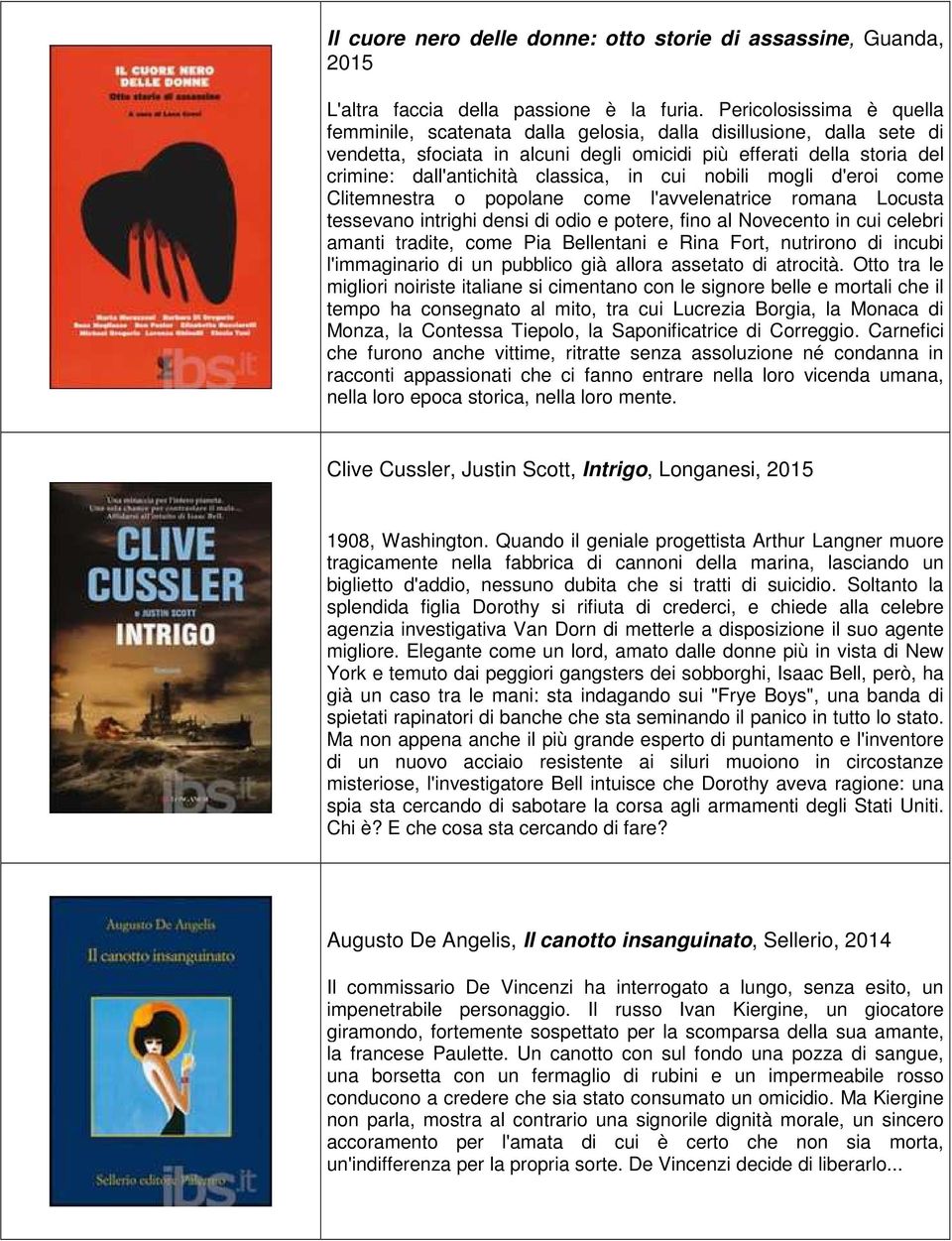 classica, in cui nobili mogli d'eroi come Clitemnestra o popolane come l'avvelenatrice romana Locusta tessevano intrighi densi di odio e potere, fino al Novecento in cui celebri amanti tradite, come