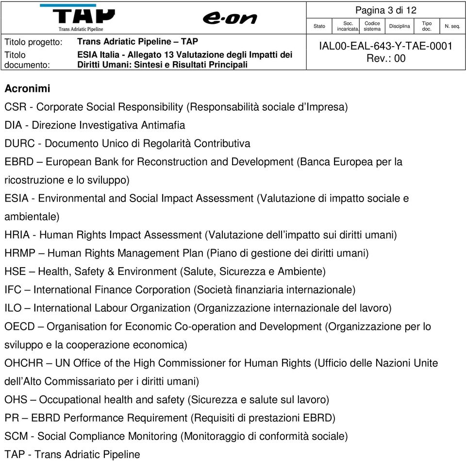 HRIA - Human Rights Impact Assessment (Valutazione dell impatto sui diritti umani) HRMP Human Rights Management Plan (Piano di gestione dei diritti umani) HSE Health, Safety & Environment (Salute,