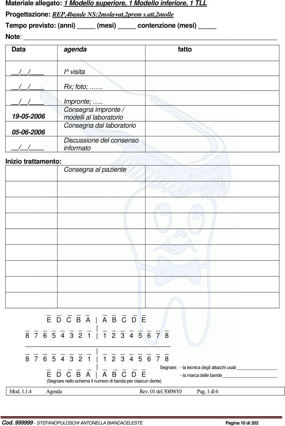 . Consegna impronte / modelli al laboratorio Consegna dal laboratorio Discussione del consenso informato Inizio trattamento: Consegna al paziente E D C B A A B C D E 8 7 6 5 4 3 2 1 1 2 3 4 5