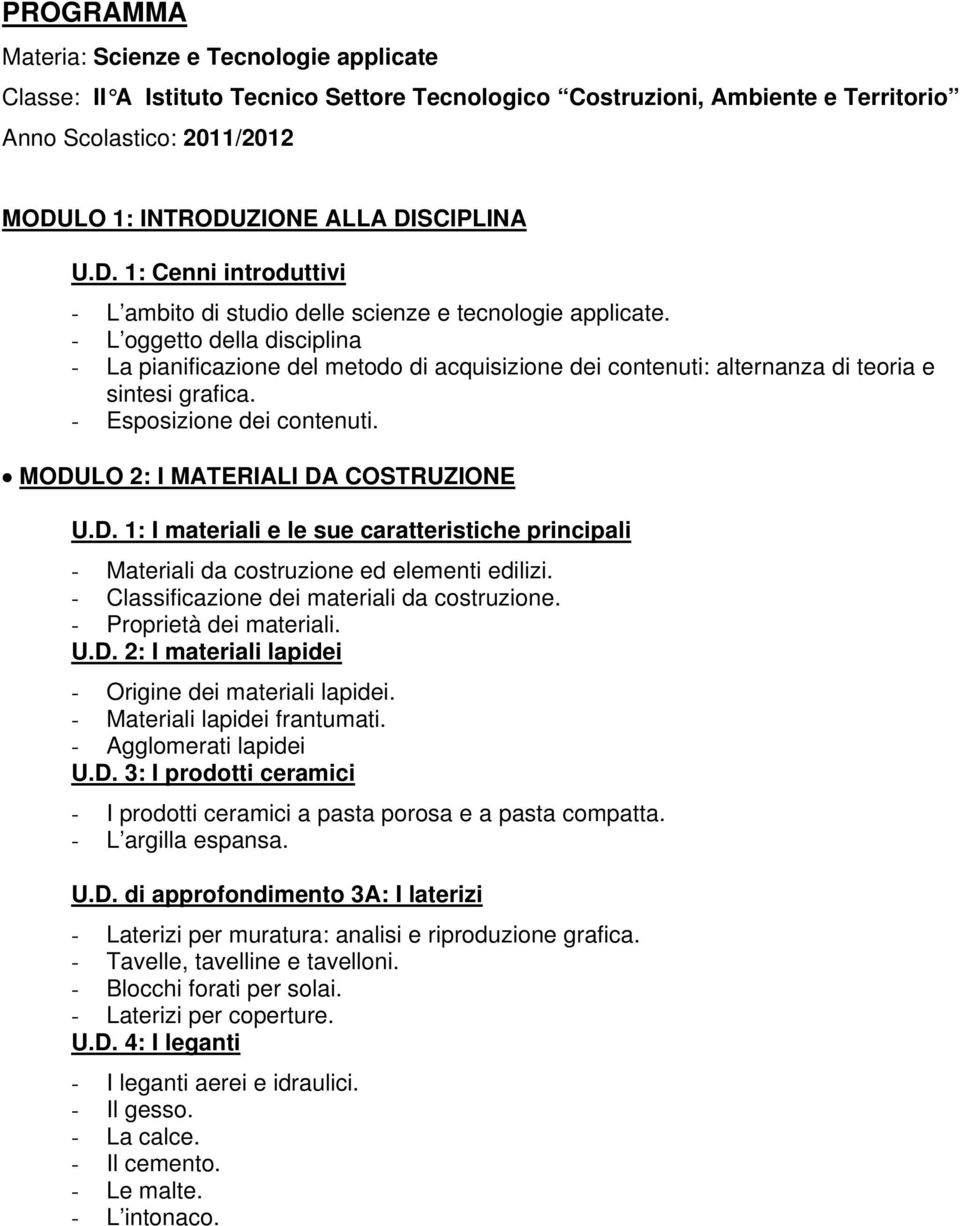 - L oggetto della disciplina - La pianificazione del metodo di acquisizione dei contenuti: alternanza di teoria e sintesi grafica. - Esposizione dei contenuti. MODULO 2: I MATERIALI DA COSTRUZIONE U.