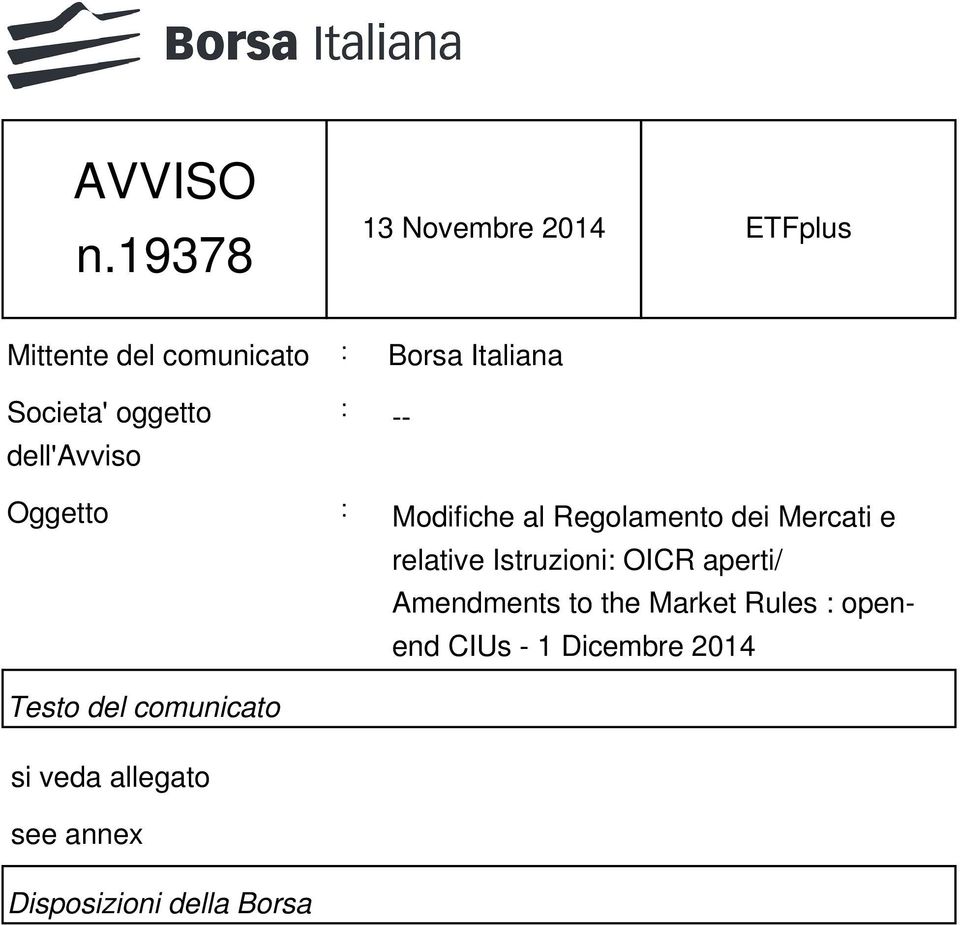 oggetto dell'avviso : -- Oggetto : Modifiche al Regolamento dei Mercati e relative