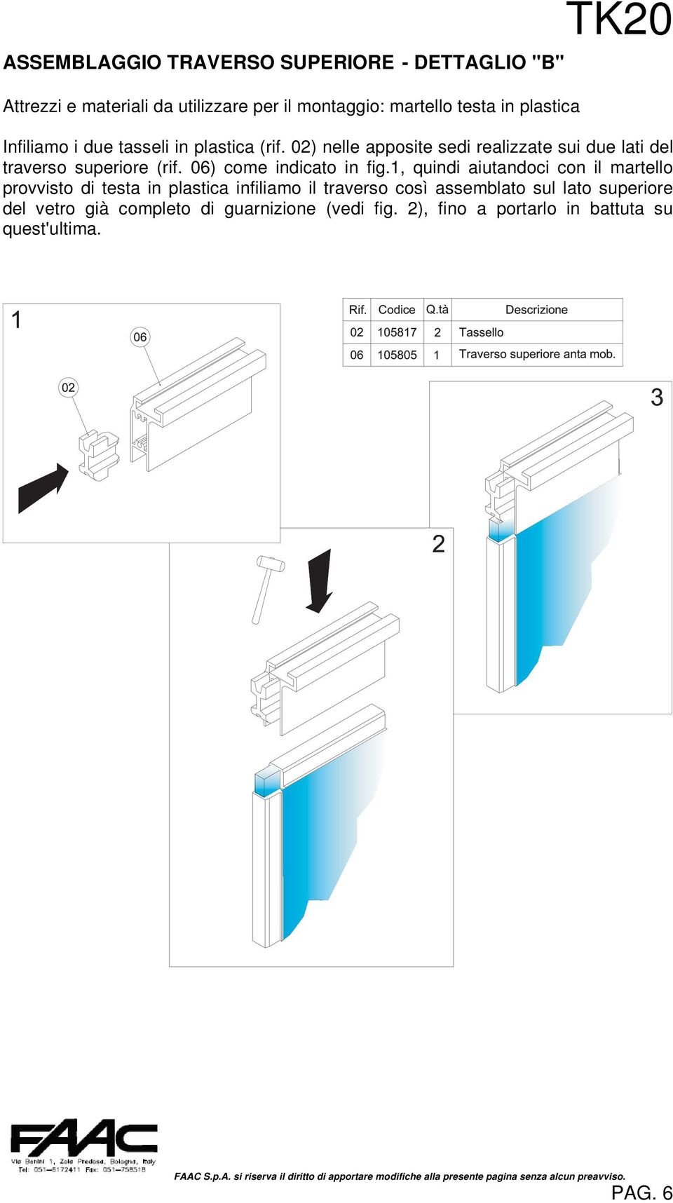 02) nelle apposite sedi realizzate sui due lati del traverso superiore (rif. 06) come indicato in fig.