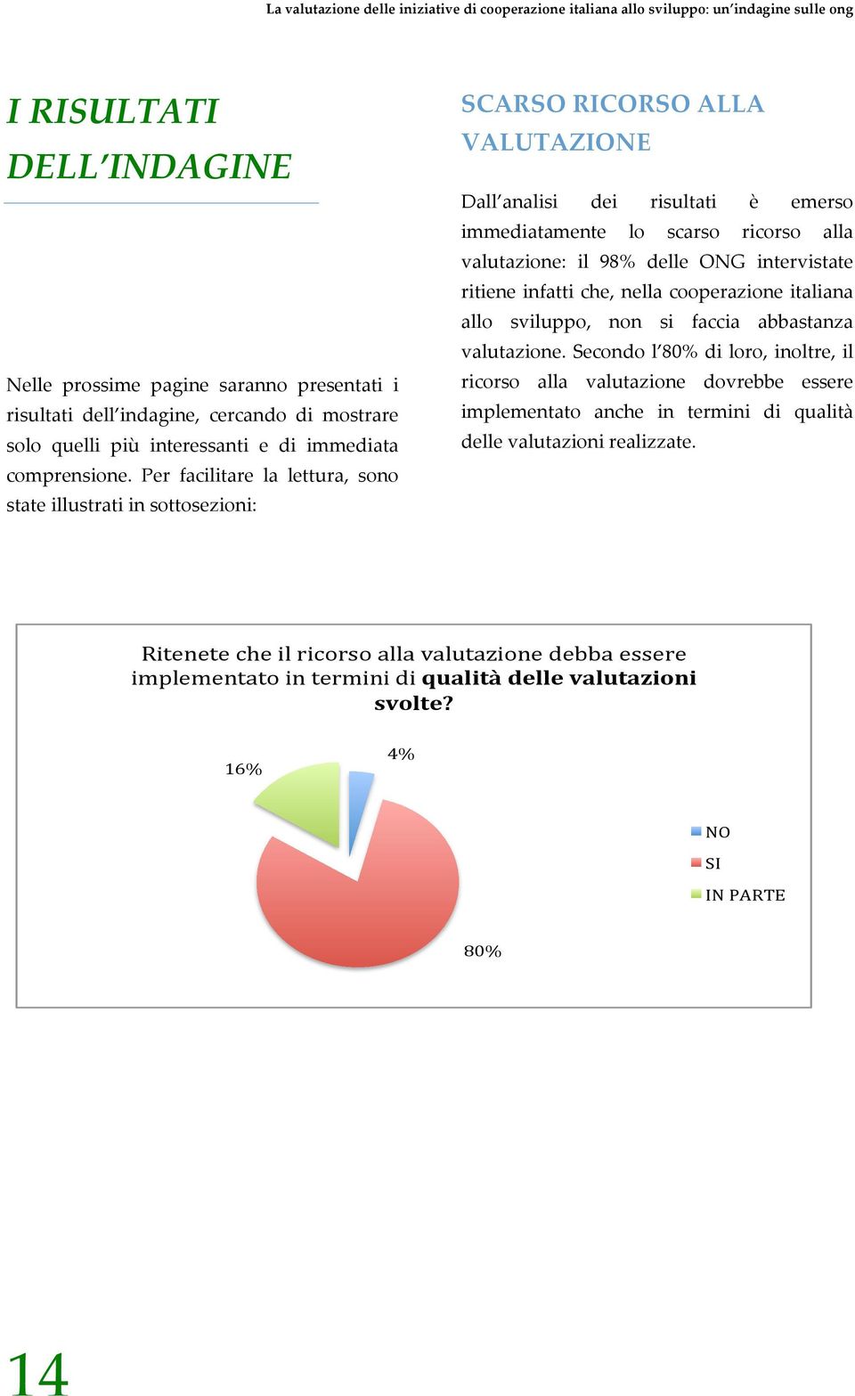 ONG intervistate ritiene infatti che, nella cooperazione italiana allo sviluppo, non si faccia abbastanza valutazione.
