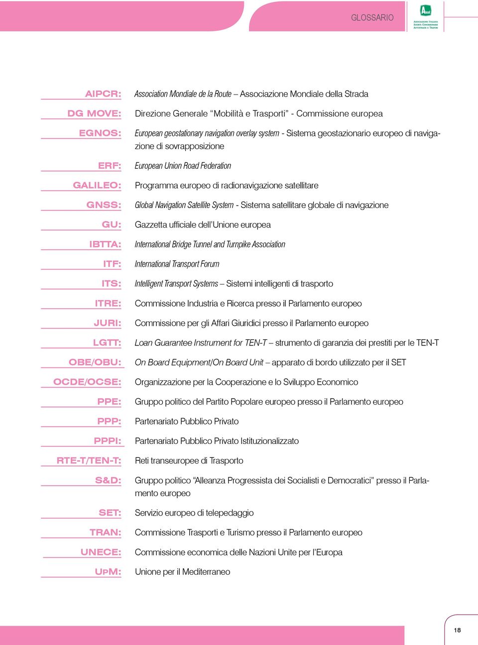 di sovrapposizione European Union Road Federation Programma europeo di radionavigazione satellitare Global Navigation Satellite System - Sistema satellitare globale di navigazione Gazzetta ufficiale