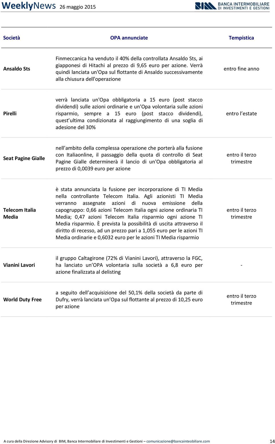 azioni ordinarie e un Opa volontaria sulle azioni risparmio, sempre a 15 euro (post stacco dividendi), quest ultima condizionata al raggiungimento di una soglia di adesione del 30% entro l estate