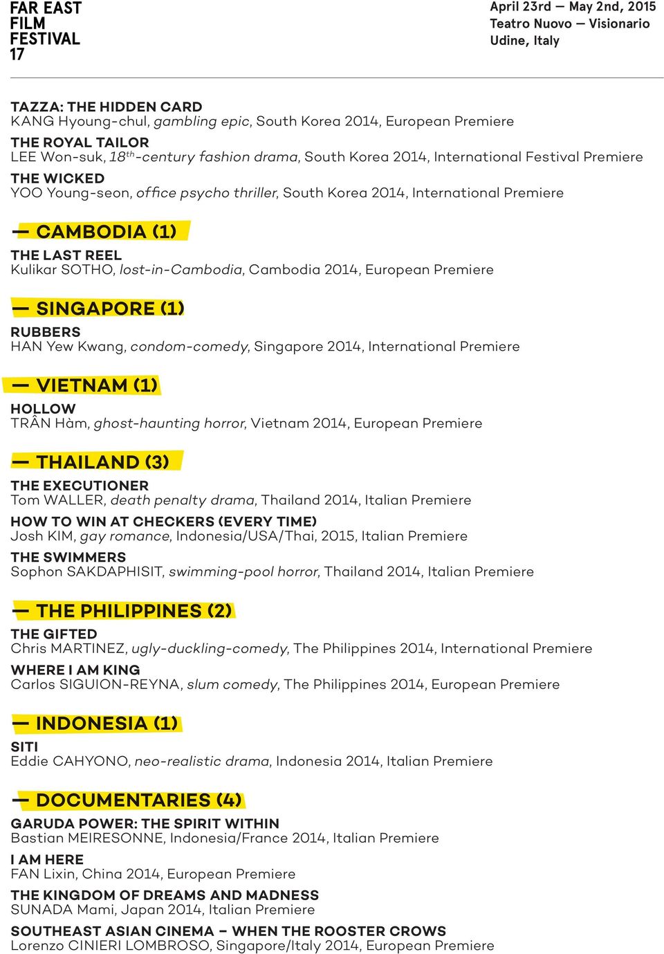 SINGAPORE (1) RUBBERS HAN Yew Kwang, condom-comedy, Singapore 2014, International Premiere VIETNAM (1) HOLLOW TRÂN Hàm, ghost-haunting horror, Vietnam 2014, European Premiere THAILAND (3) THE