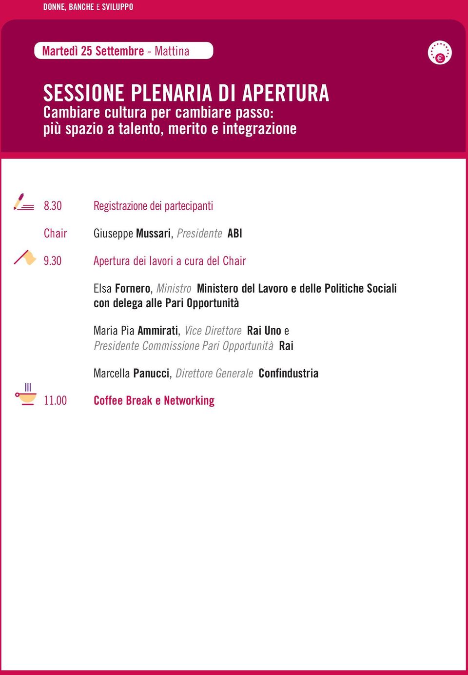 30 Apertura dei lavori a cura del Elsa Fornero, Ministro Ministero del Lavoro e delle Politiche Sociali con delega alle Pari