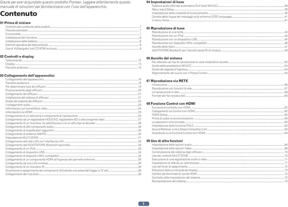 ..8 Gamma operativa del telecomando...9 Uso di AVNavigator (nel CD-ROM accluso)...9 02 Controlli e display Telecomando...12 Display...14 Pannello anteriore.