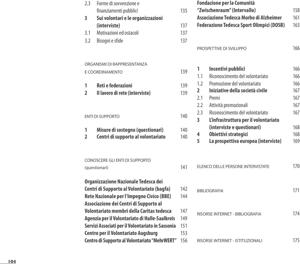 ORGANISMI DI RAPPRESENTANZA E COORDINAMENTO 139 1 Reti e federazioni 139 2 Il lavoro di rete (interviste) 139 ENTI DI SUPPORTO 140 1 Misure di sostegno (questionari) 140 2 Centri di supporto al