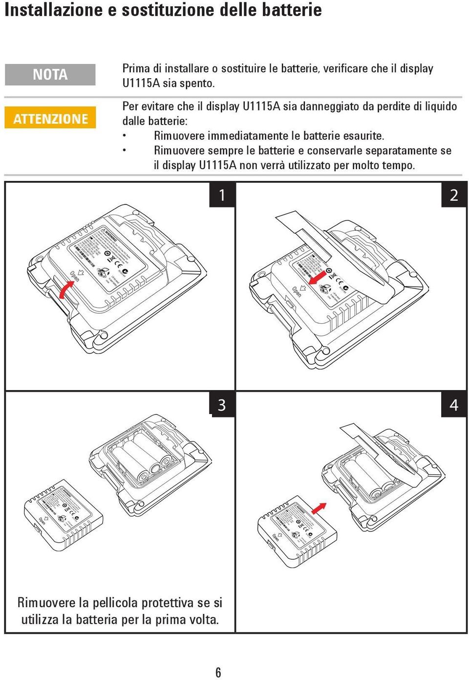 Per evitare che il display U1115A sia danneggiato da perdite di liquido dalle batterie: Rimuovere immediatamente le