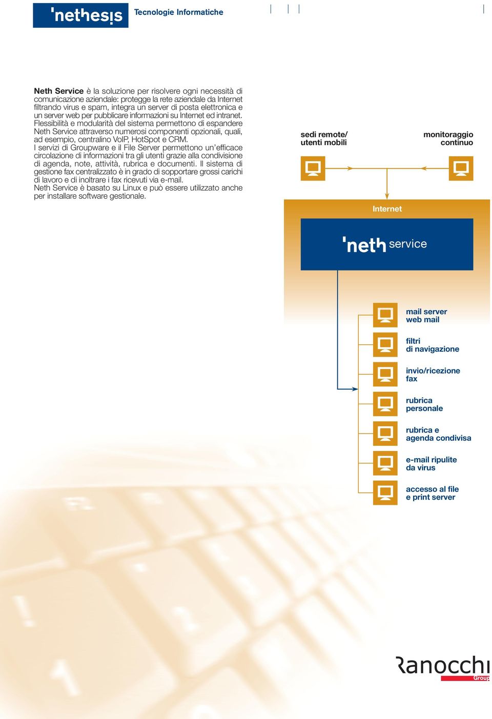 Flessibilità e modularità del sistema permettono di espandere Neth Service attraverso numerosi componenti opzionali, quali, ad esempio, centralino VoIP, HotSpot e CRM.