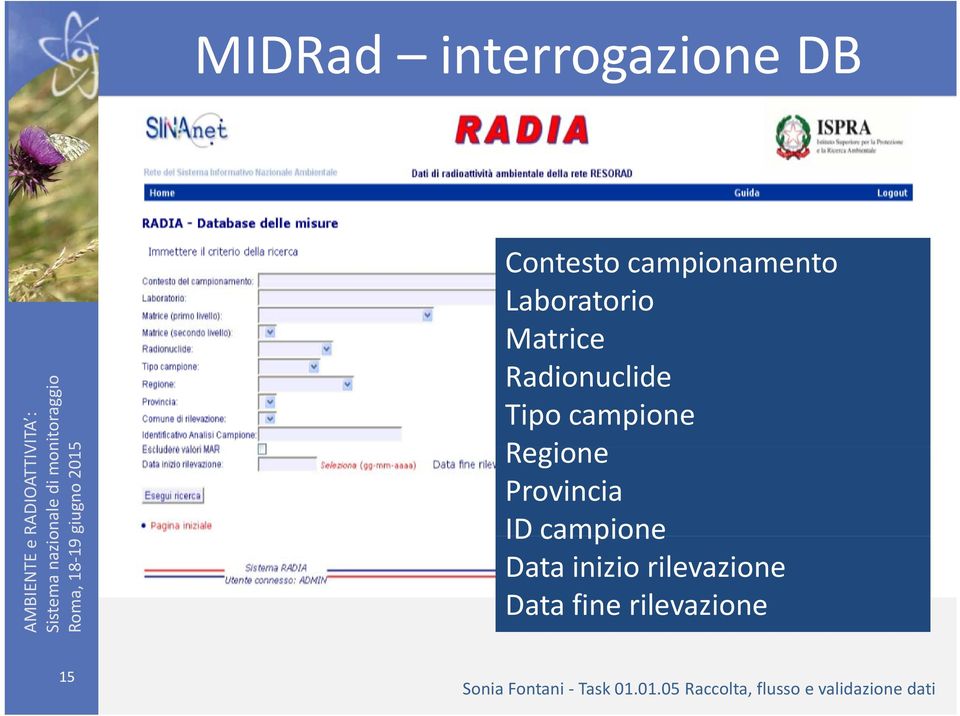 Radionuclide Tipo campione Regione