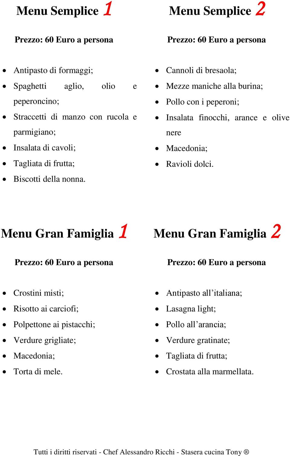 Cannoli di bresaola; Mezze maniche alla burina; Pollo con i peperoni; Insalata finocchi, arance e olive nere Ravioli dolci.