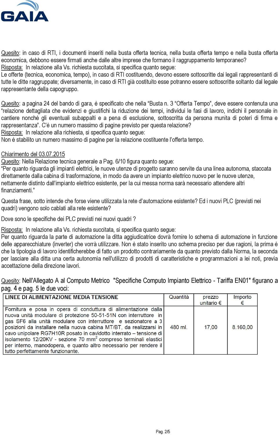 Le offerte (tecnica, economica, tempo), in caso di RTI costituendo, devono essere sottoscritte dai legali rappresentanti di tutte le ditte raggruppate; diversamente, in caso di RTI già costituito