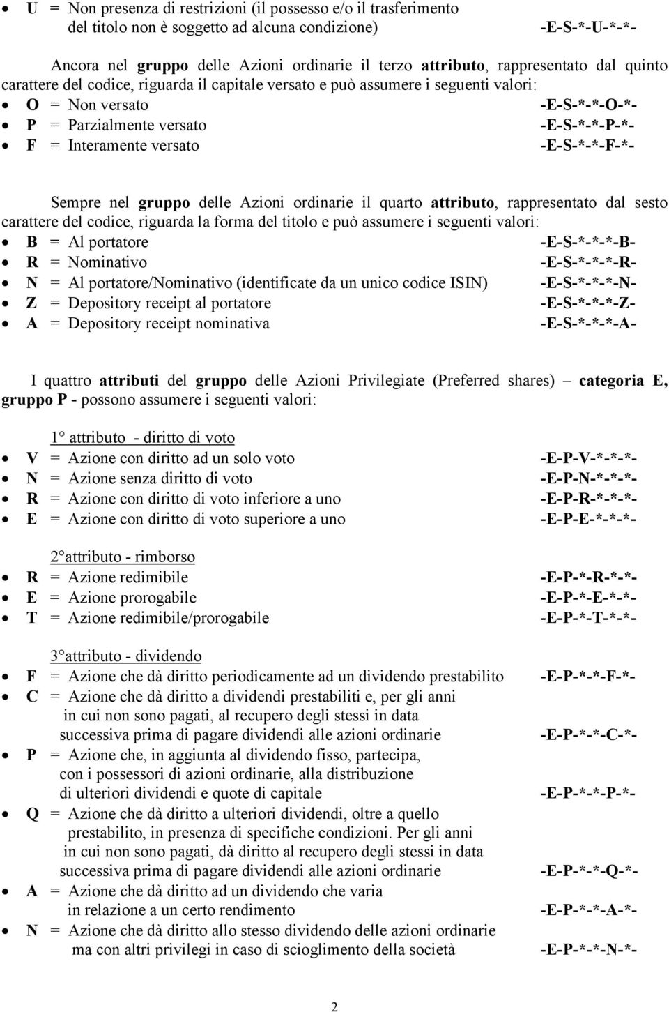 versato -E-S-*-*-F-*- Sempre nel gruppo delle Azioni ordinarie il quarto attributo, rappresentato dal sesto carattere del codice, riguarda la forma del titolo e può assumere i seguenti valori: B = Al