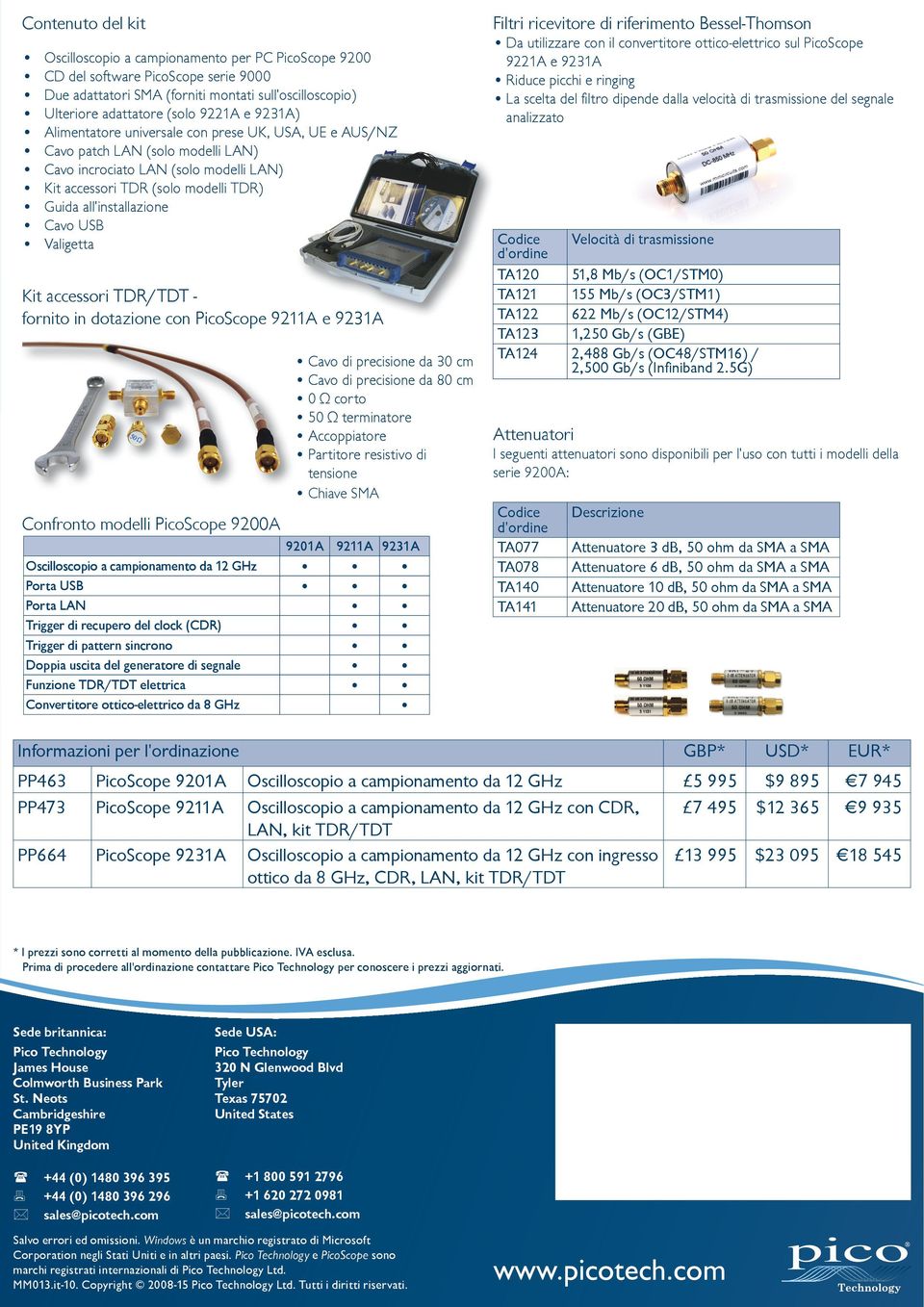 Cavo USB Valigetta Kit accessori TDR/TDT - fornito in dotazione con PicoScope 9211A e 9231A Confronto modelli PicoScope 9200A Cavo di precisione da 30 cm Cavo di precisione da 80 cm 0 Ω corto 50 Ω