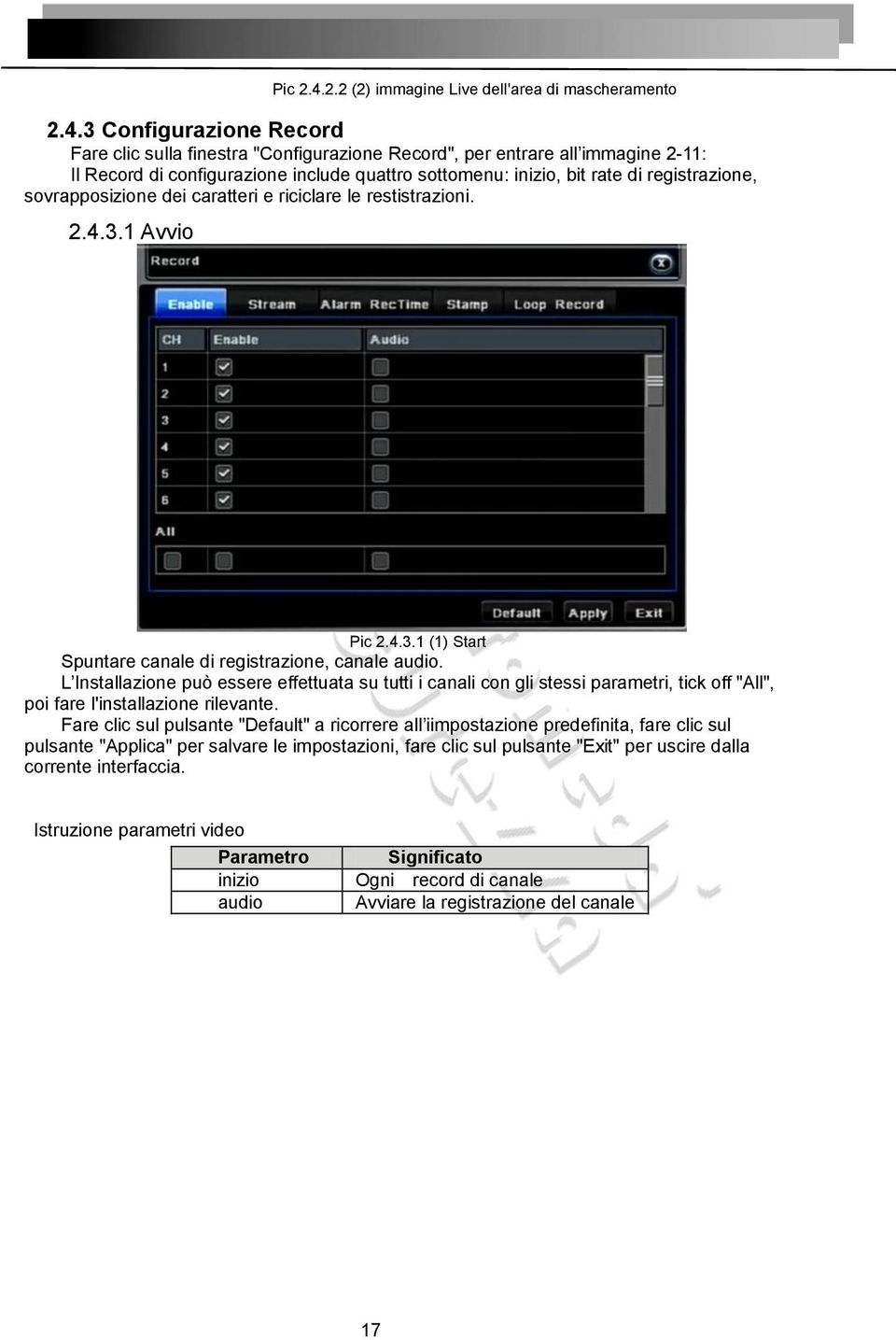 3 Configurazione Record Fare clic sulla finestra "Configurazione Record", per entrare all immagine 2-11: Il Record di configurazione include quattro sottomenu: inizio, bit rate di registrazione,