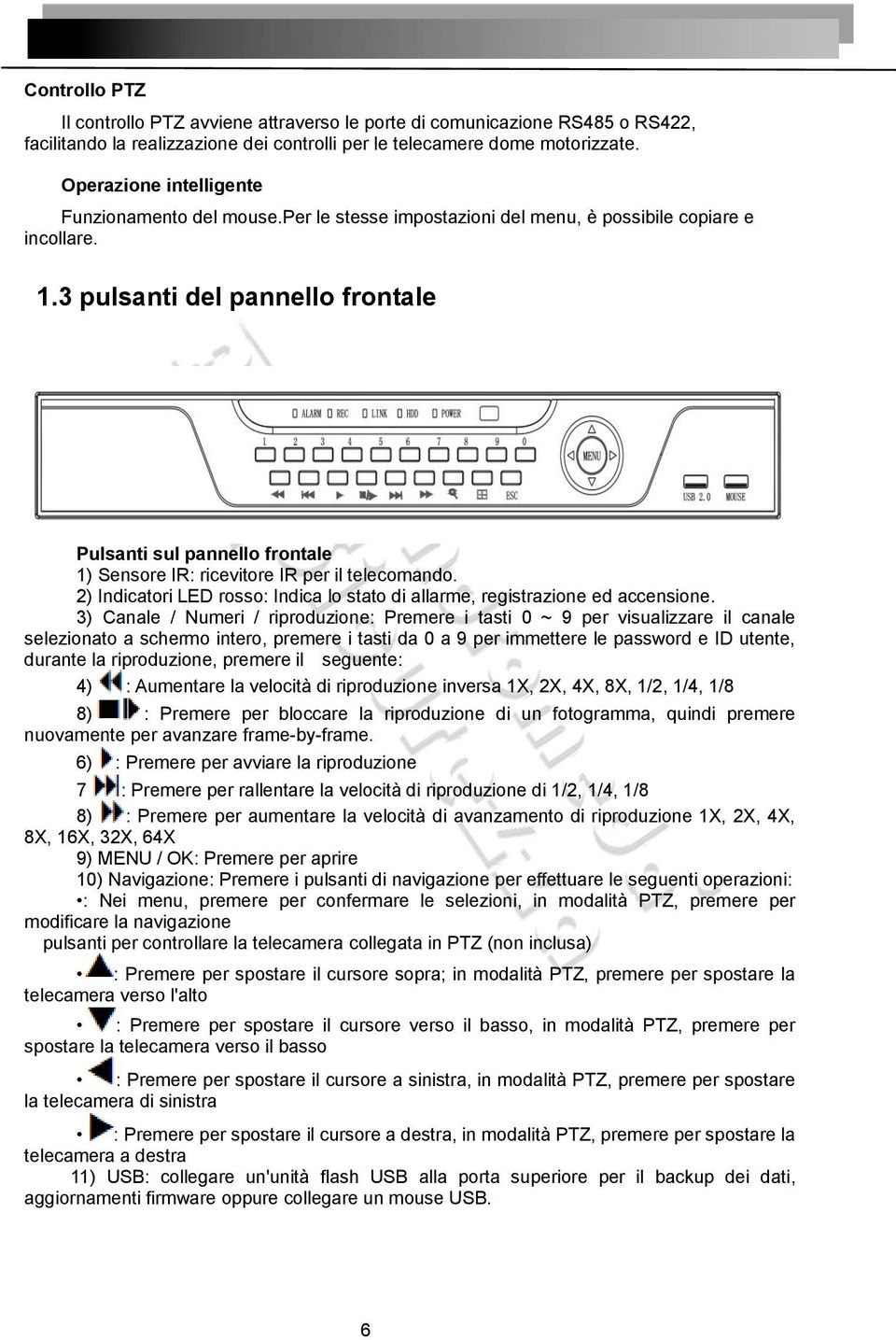 3 pulsanti del pannello frontale Pulsanti sul pannello frontale 1) Sensore IR: ricevitore IR per il telecomando. 2) Indicatori LED rosso: Indica lo stato di allarme, registrazione ed accensione.