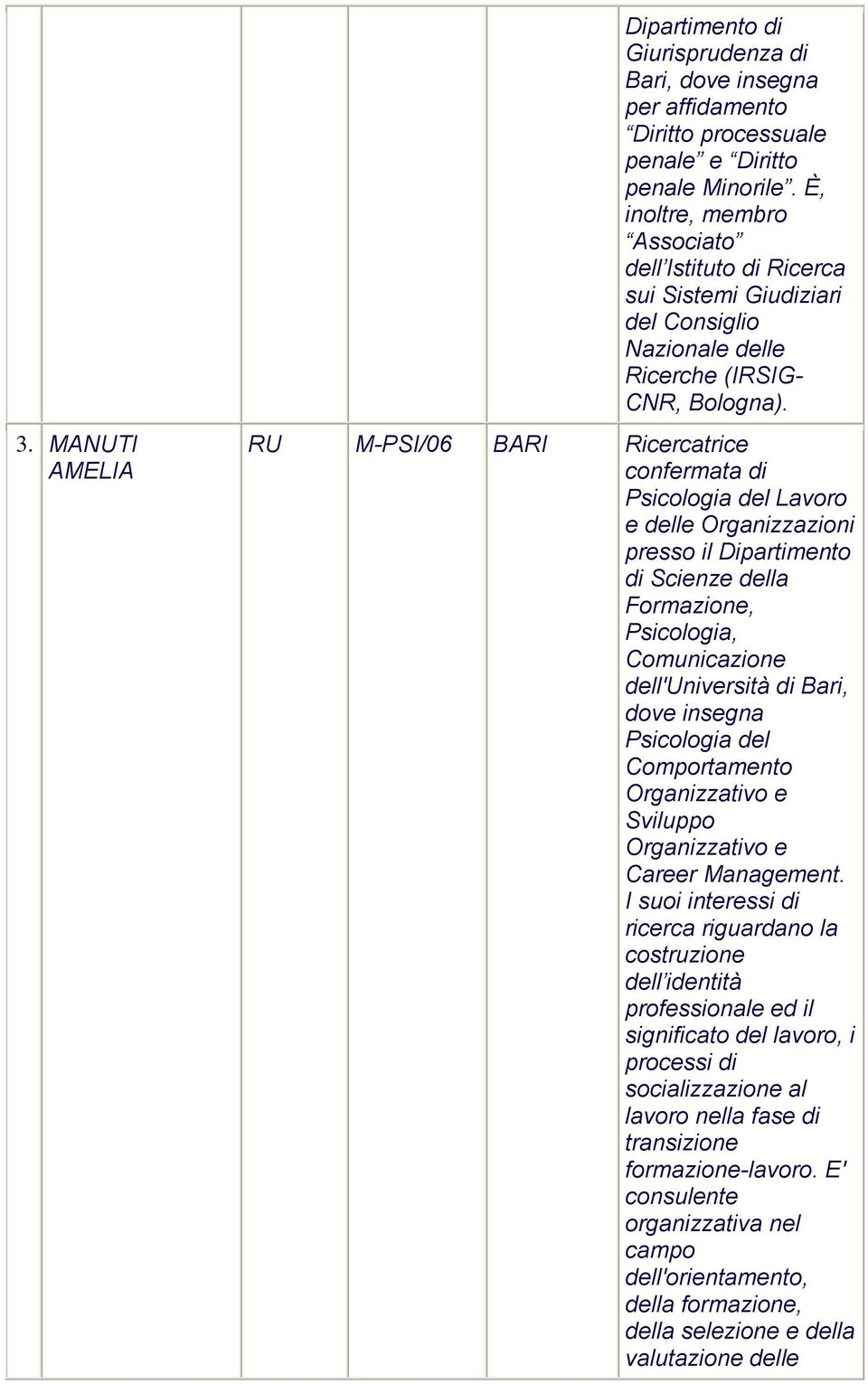 RU M-PSI/6 BARI Ricercatrice confermata Psicologia del Lavoro e delle Organizzazioni presso il Dipartimento Scienze della Formazione, Psicologia, Comunicazione dell'università Bari, dove insegna