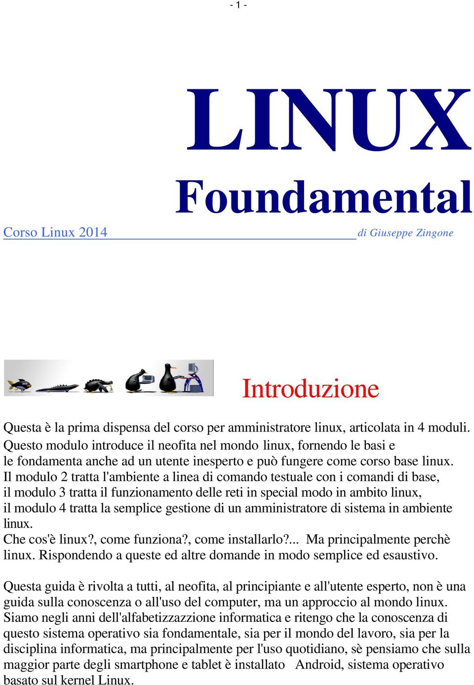 Il modulo 2 tratta l'ambiente a linea di comando testuale con i comandi di base, il modulo 3 tratta il funzionamento delle reti in special modo in ambito linux, il modulo 4 tratta la semplice