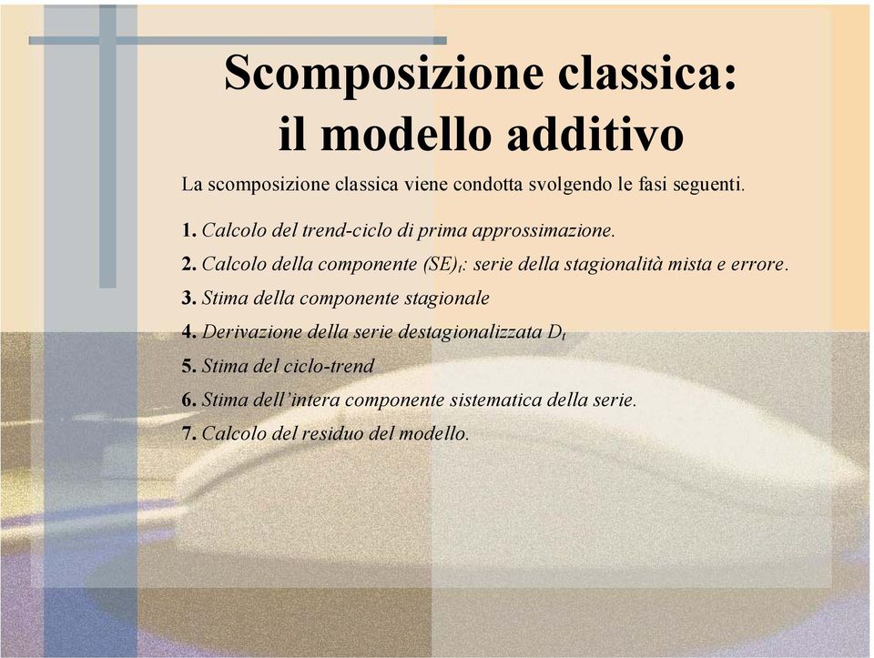 Calcolo della componene (SE) : serie della sagionalià misa e errore. 3. Sima della componene sagionale 4.