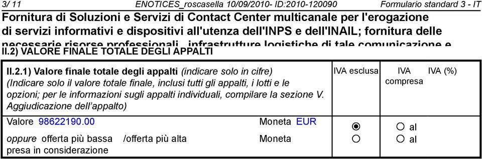 totale pubblici degli appalti durante (indicare la vigenza solo in cifre) contrattuale (Indicare solo il valore totale finale, inclusi tutti gli appalti, i lotti e le