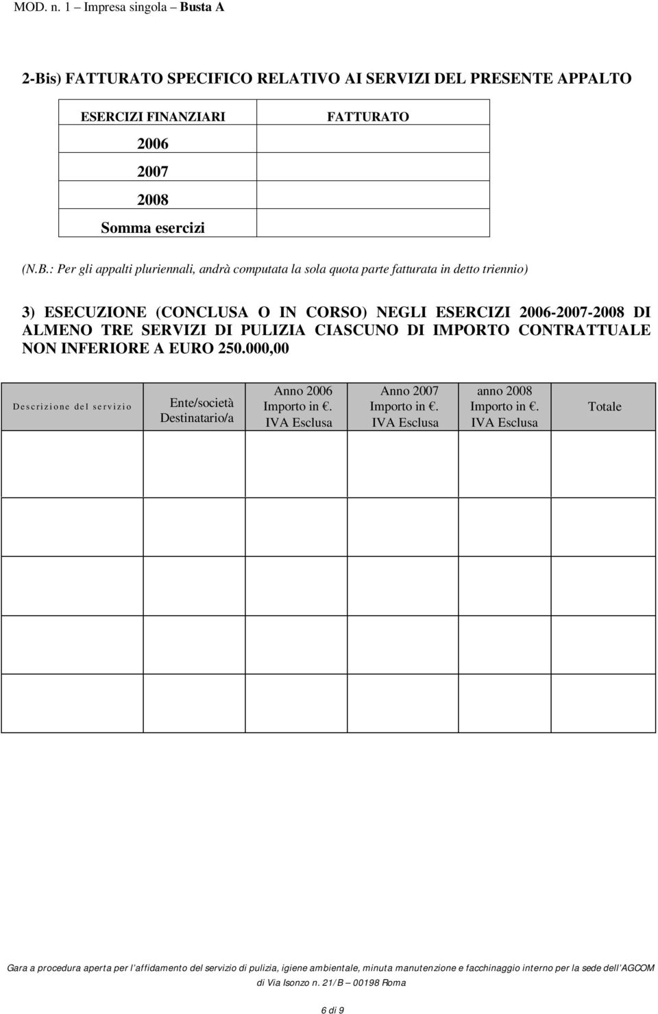 2006-2007-2008 DI ALMENO TRE SERVIZI DI PULIZIA CIASCUNO DI IMPORTO CONTRATTUALE NON INFERIORE A EURO 250.