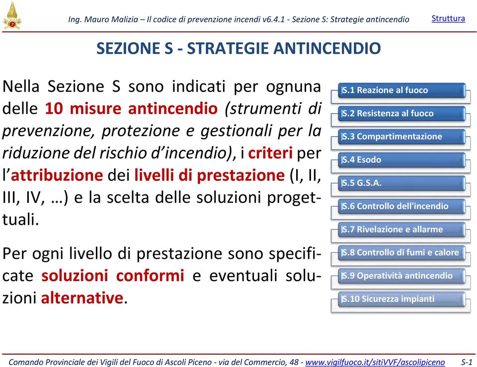 Per ogni livello di prestazione sono specificate soluzioni conformi e eventuali soluzioni alternative. S.1 Reazione al fuoco S.2 Resistenza al fuoco S.3 Compartimentazione S.4 Esodo S.5 G.S.A.