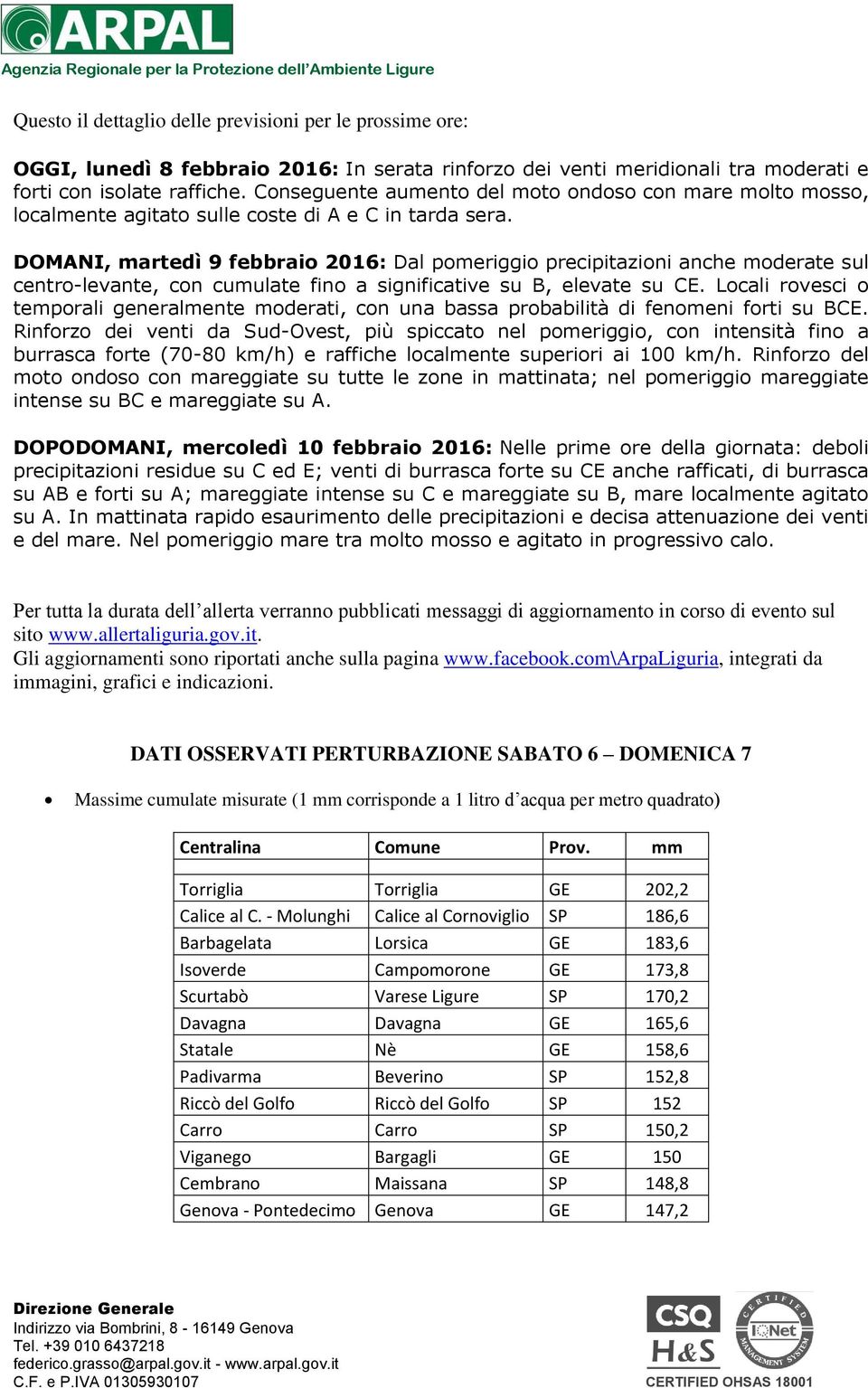 DOMANI, martedì 9 febbraio 2016: Dal pomeriggio precipitazioni anche moderate sul centro-levante, con cumulate fino a significative su B, elevate su CE.