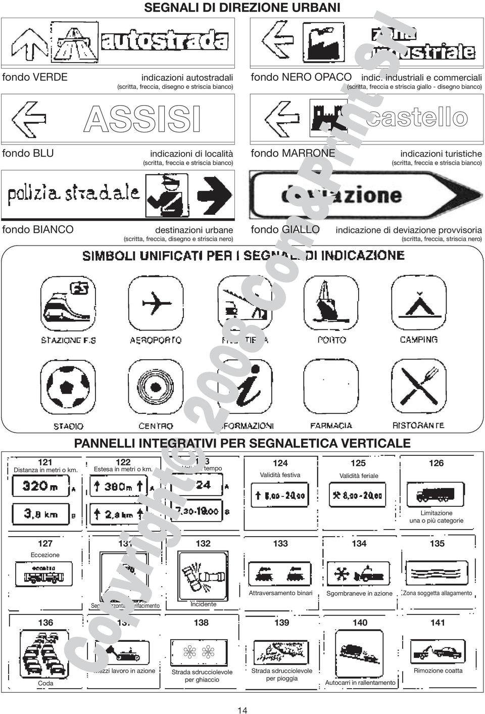 DIREZIONE URBANI indicazioni autostradali (scritta, freccia, disegno e striscia bianco) Validità tempo Incidente Strada sdrucciolevole per ghiaccio fondo NERO OPACO fondo MARRONE fondo GIALLO 122 123