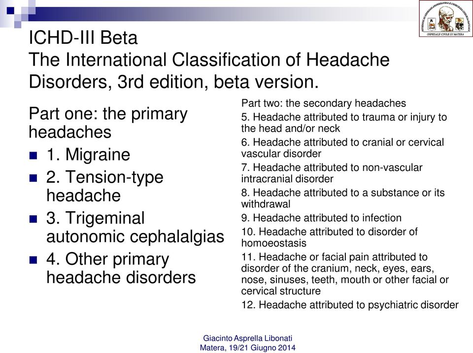 Headache attributed to cranial or cervical vascular disorder 7. Headache attributed to non-vascular intracranial disorder 8. Headache attributed to a substance or its withdrawal 9.