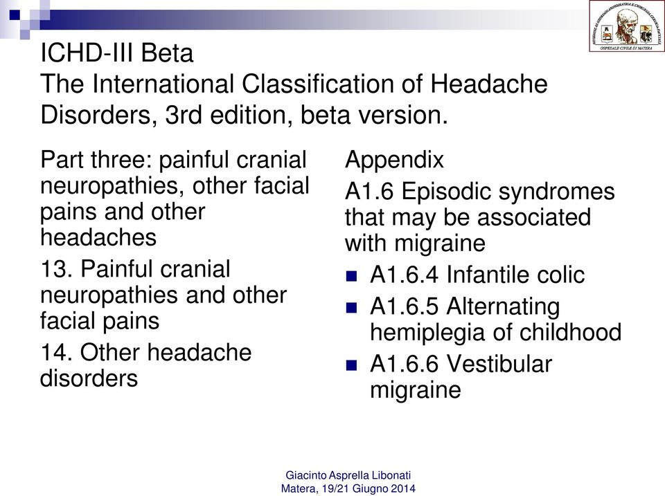 Painful cranial neuropathies and other facial pains 14. Other headache disorders Appendix A1.