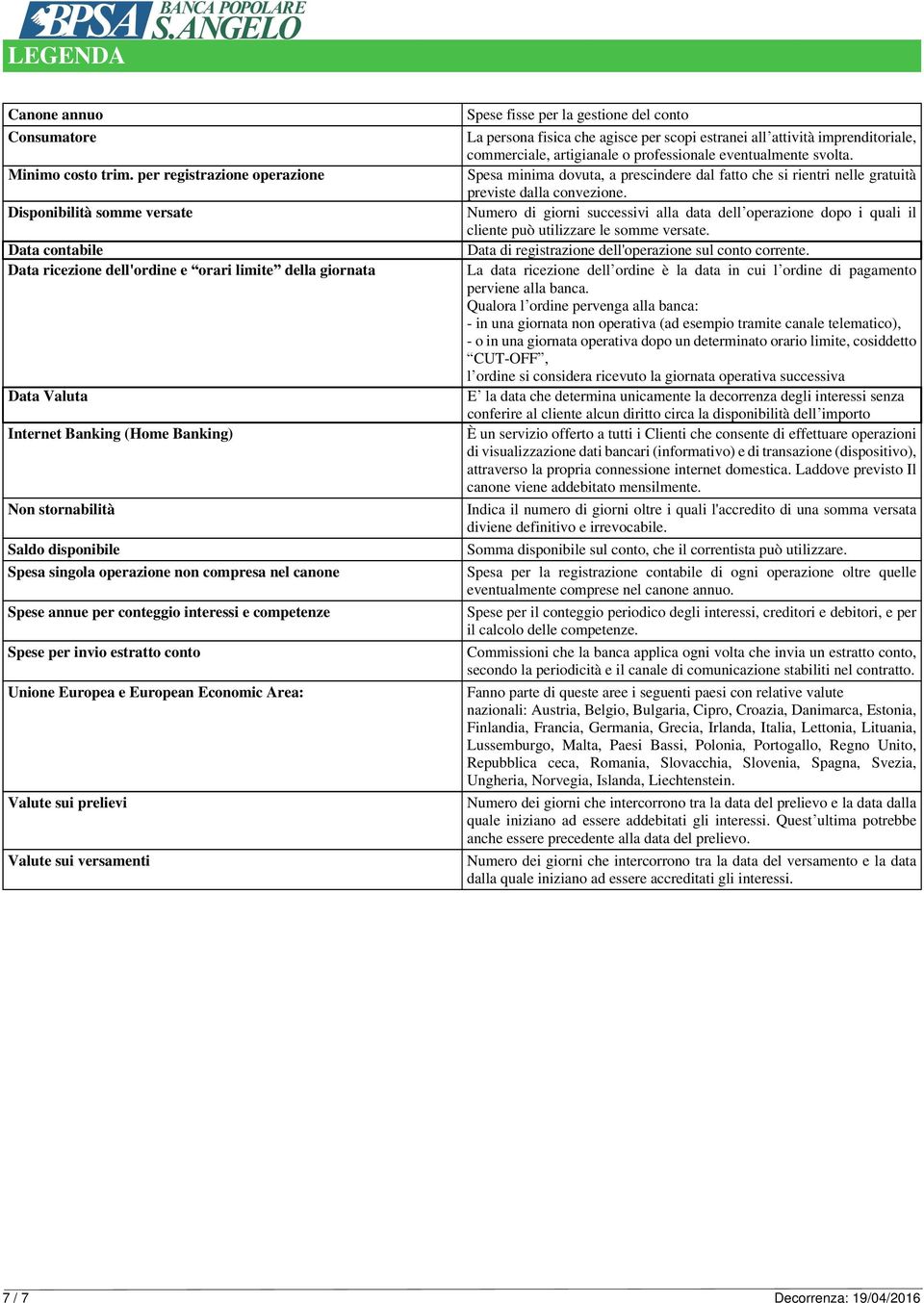 disponibile Spesa singola operazione non compresa nel canone Spese annue per conteggio interessi e competenze Spese per invio estratto conto Unione Europea e European Economic Area: Valute sui