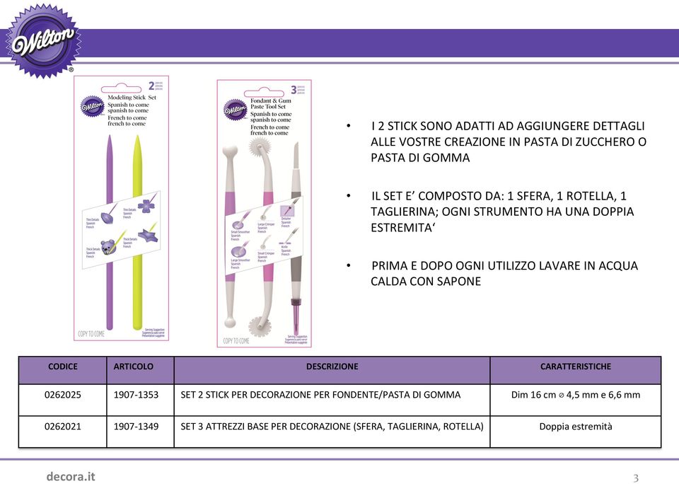 SAPONE CODICE ARTICOLO 0262025 1907-1353 SET 2 STICK PER DECORAZIONE PER FONDENTE/PASTA DI GOMMA 0262021 1907-1349 SET 3