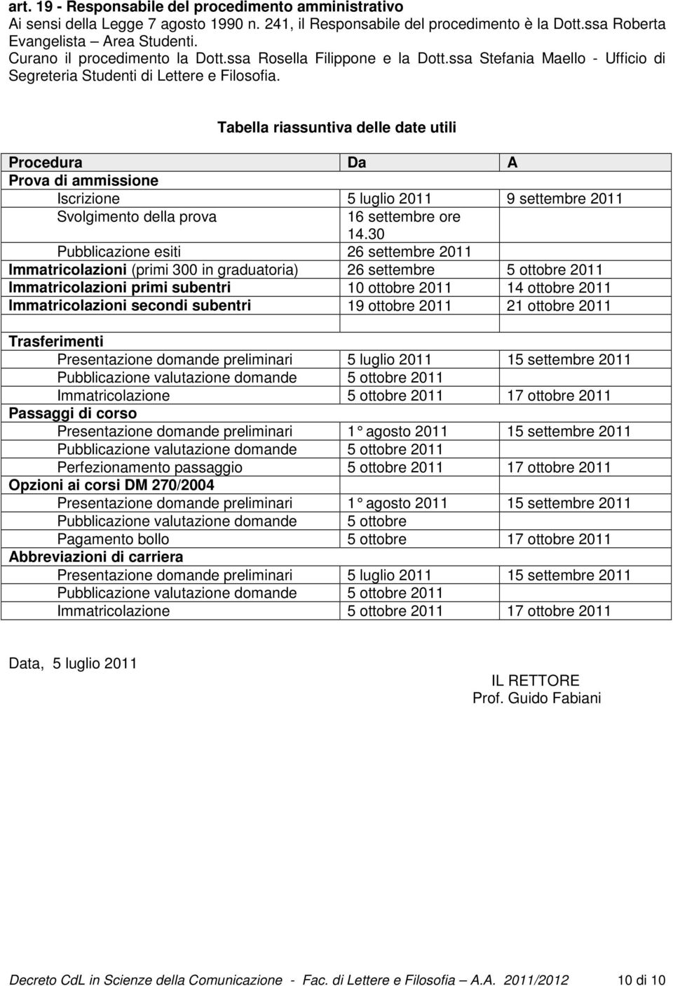 Tabella riassuntiva delle date utili Procedura Da A Prova di ammissione Iscrizione 5 luglio 2011 9 settembre 2011 Svolgimento della prova 16 settembre ore 14.