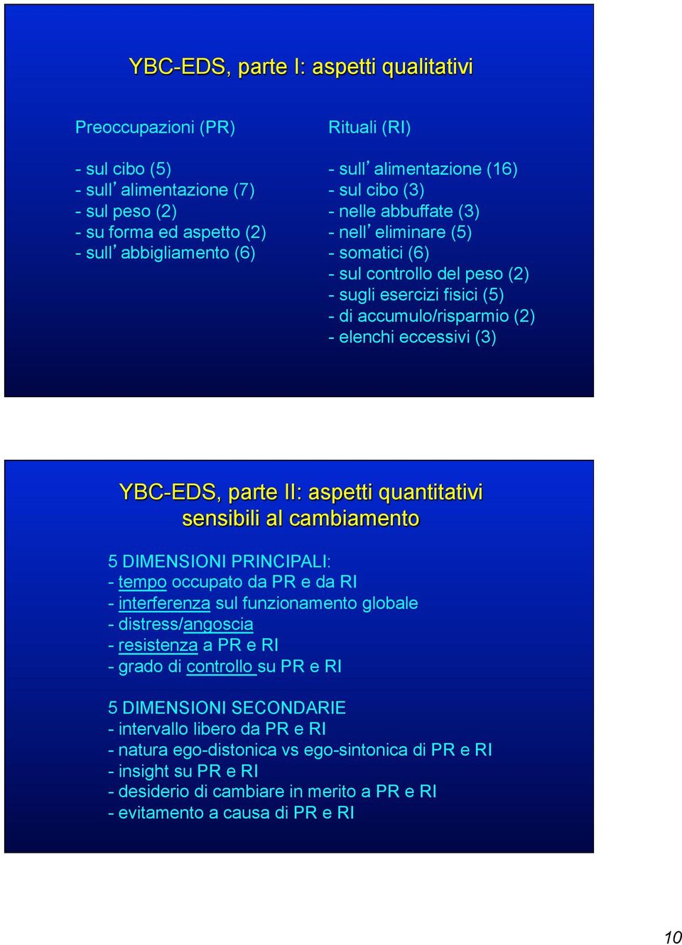 parte II: aspetti quantitativi sensibili al cambiamento 5 DIMENSIONI PRINCIPALI: - tempo occupato da PR e da RI - interferenza sul funzionamento globale - distress/angoscia - resistenza a PR e RI -