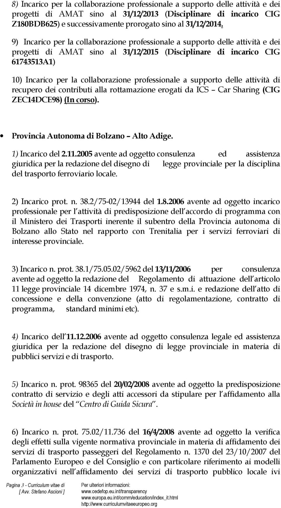 9) Incarico per la collaborazione professionale a supporto delle attività e dei progetti di AMAT sino al 31/12/2015 (Disciplinare di incarico CIG 61743513A1) 10) Incarico per la collaborazione