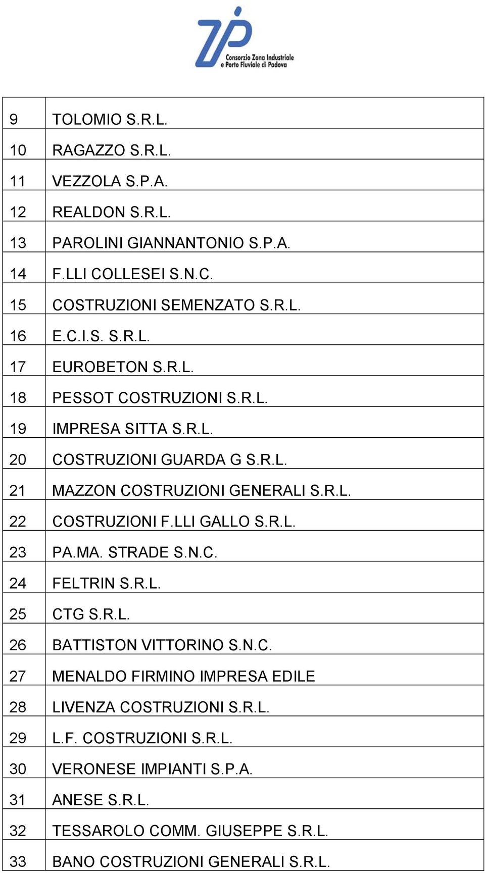 LLI GALLO S.R.L. 23 PA.MA. STRADE S.N.C. 24 FELTRIN S.R.L. 25 CTG S.R.L. 26 BATTISTON VITTORINO S.N.C. 27 MENALDO FIRMINO IMPRESA EDILE 28 LIVENZA COSTRUZIONI S.