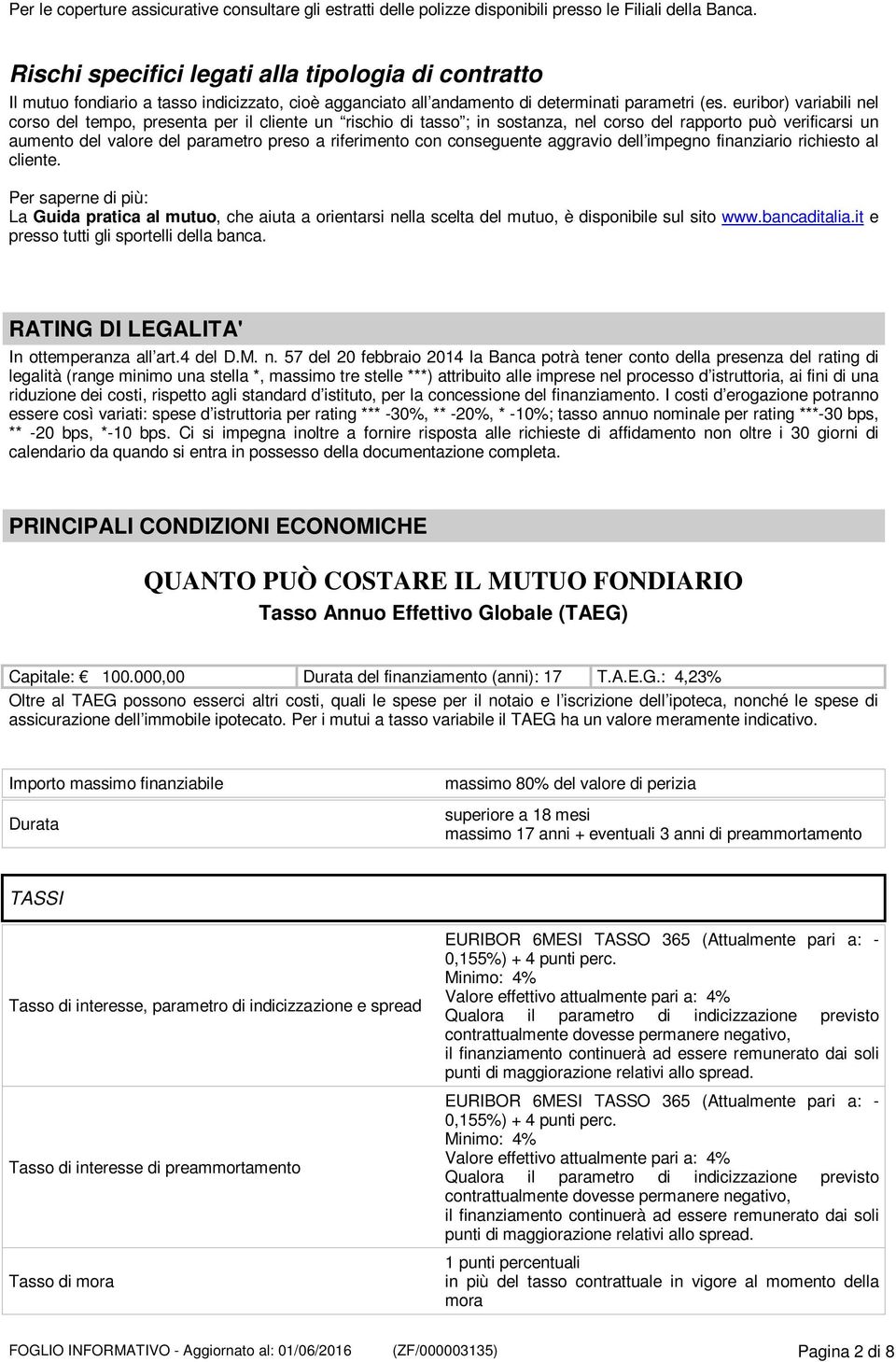 euribor) variabili nel corso del tempo, presenta per il cliente un rischio di tasso ; in sostanza, nel corso del rapporto può verificarsi un aumento del valore del parametro preso a riferimento con