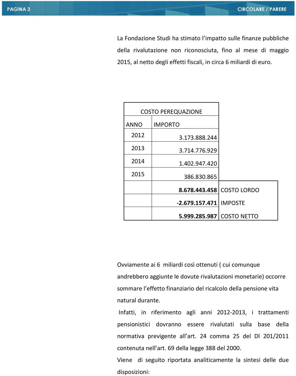 987 COSTO NETTO Ovviamente ai 6 miliardi così ottenuti ( cui comunque andrebbero aggiunte le dovute rivalutazioni monetarie) occorre sommare l effetto finanziario del ricalcolo della pensione vita