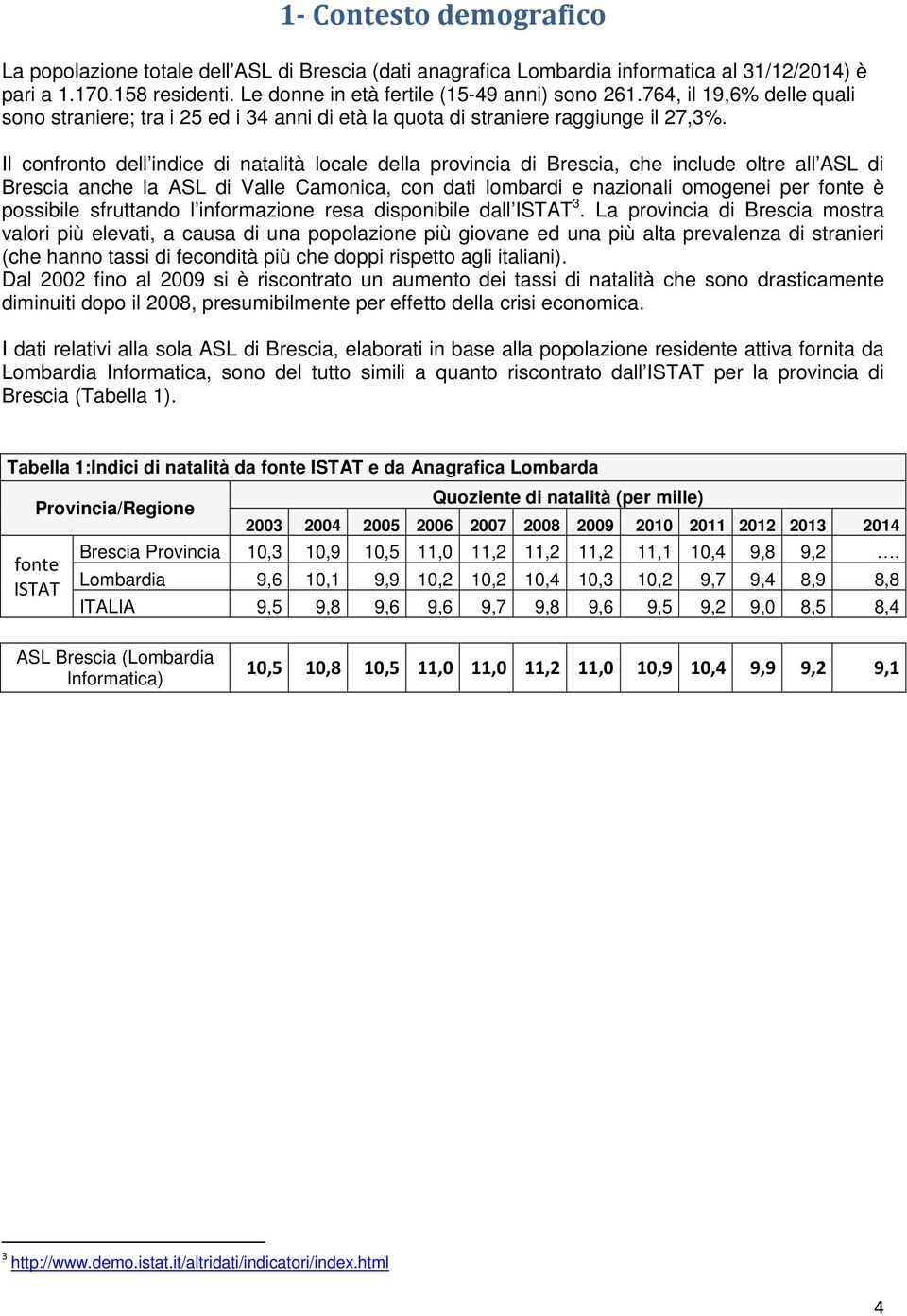 Il confronto dell indice di natalità locale della provincia di Brescia, che include oltre all ASL di Brescia anche la ASL di Valle Camonica, con dati lombardi e nazionali omogenei per fonte è