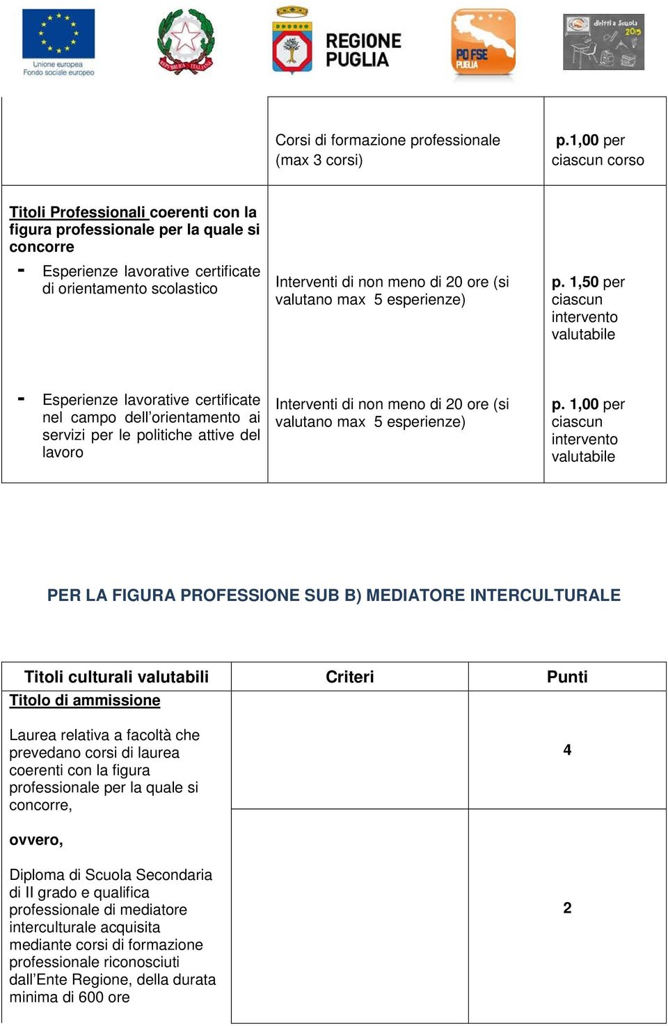 ore (si valutano max 5 esperienze) p.