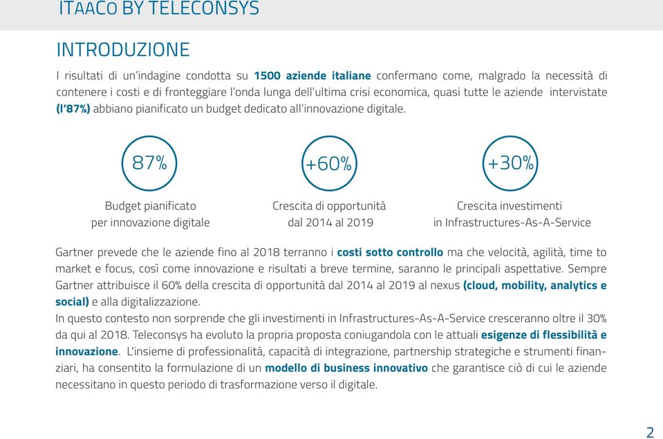 87% +60% +30% Budget pianificato per innovazione digitale Crescita di opportunità dal 2014 al 2019 Crescita investimenti in Infrastructures-As-A-Service Gartner prevede che le aziende fino al 2018