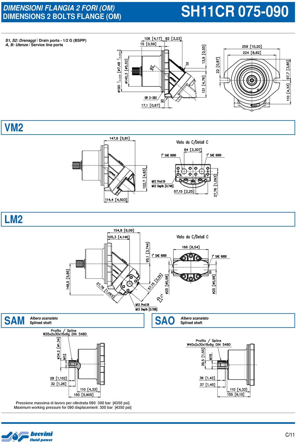 Service line ports SAM SAO Pressione massima di lavoro per cilindrata 090: